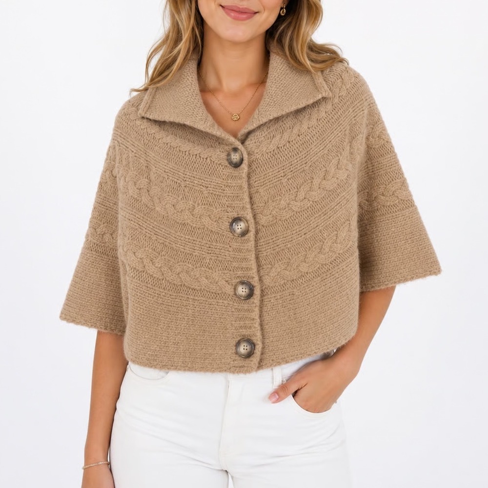Stambecco Italy Alpaca Wool Blend Cable Knit Button Front Poncho Cardigan Tan M